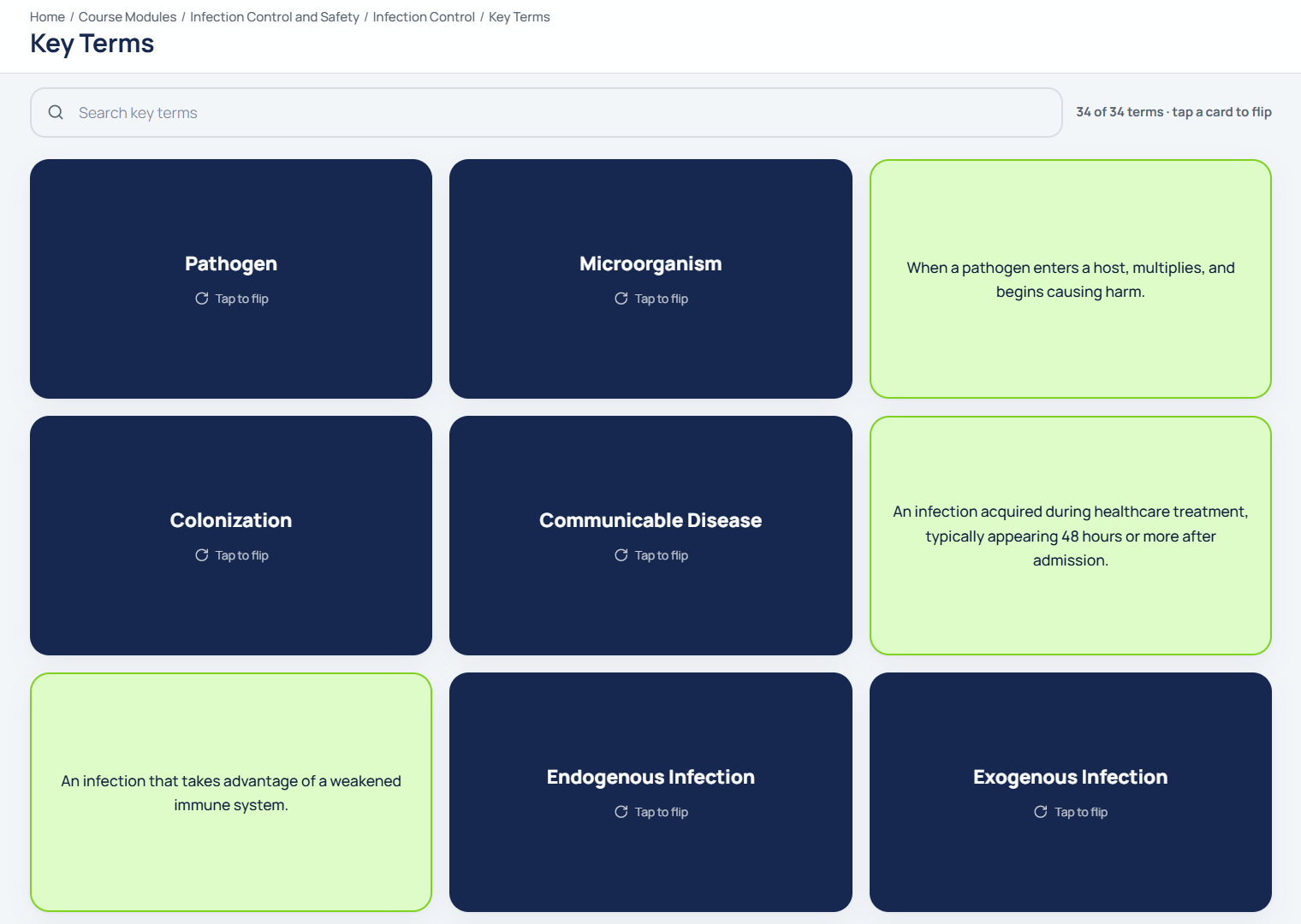 Key terms study screen with searchable flip cards